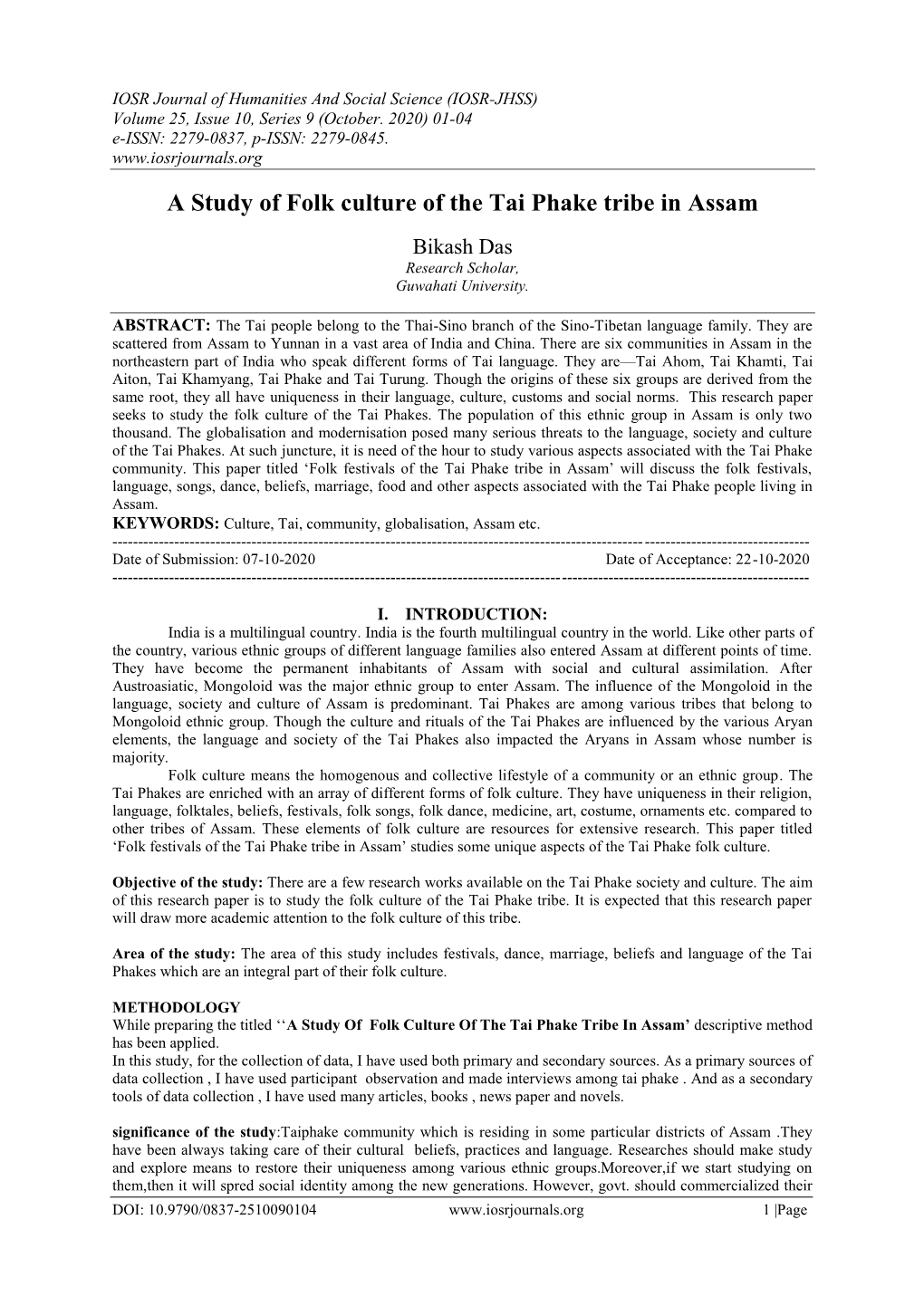 A Study of Folk Culture of the Tai Phake Tribe in Assam