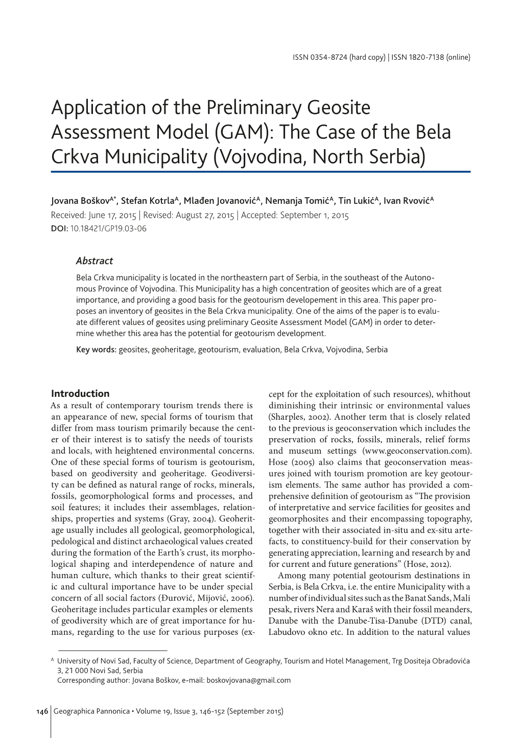 Аpplication of the Preliminary Geosite Assessment Model (GAM): the Case of the Bela Crkva Municipality (Vojvodina, North Serbia)