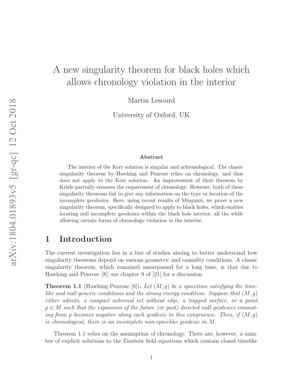 A New Singularity Theorem for Black Holes Which Allows Chronology