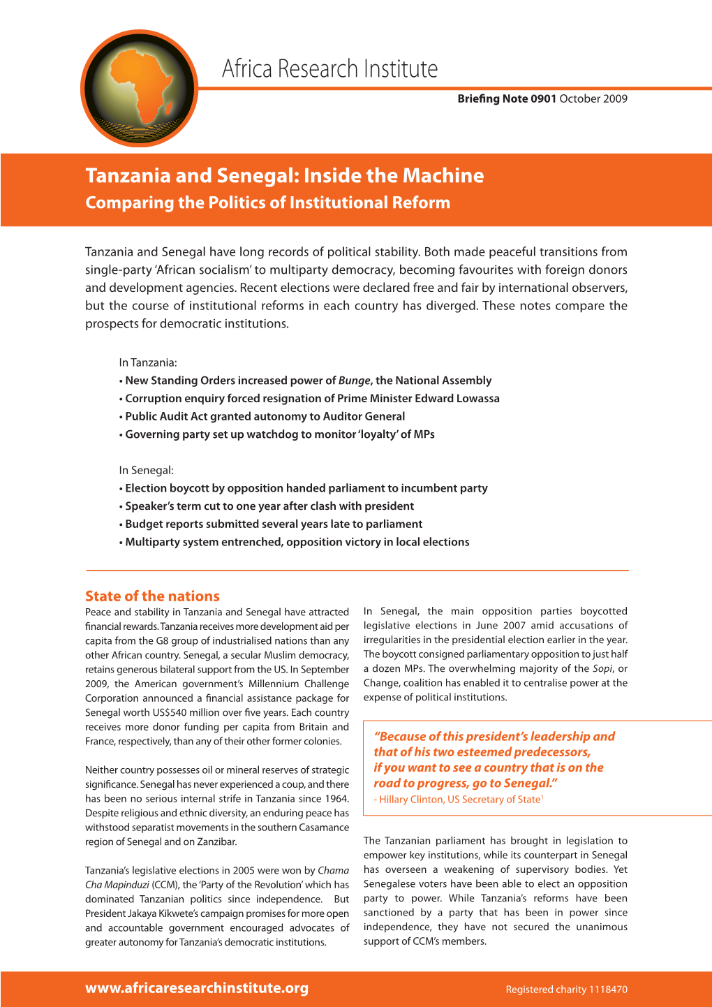 Tanzania and Senegal: Inside the Machine Comparing the Politics of Institutional Reform