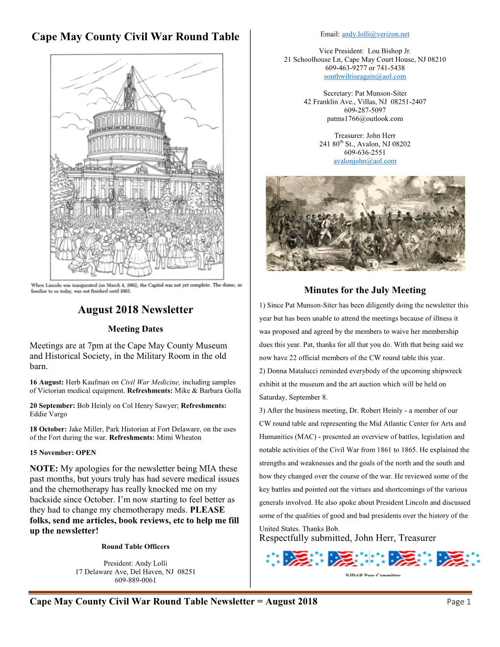 Cape May County Civil War Round Table August 2018 Newsletter