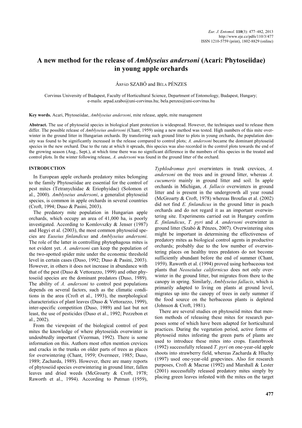 A New Method for the Release of Amblyseius Andersoni (Acari: Phytoseiidae) in Young Apple Orchards