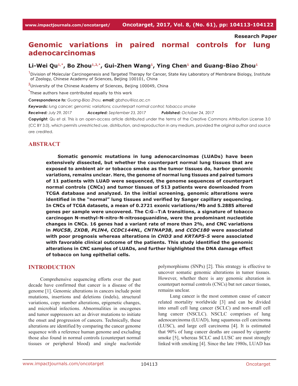 Genomic Variations in Paired Normal Controls for Lung Adenocarcinomas