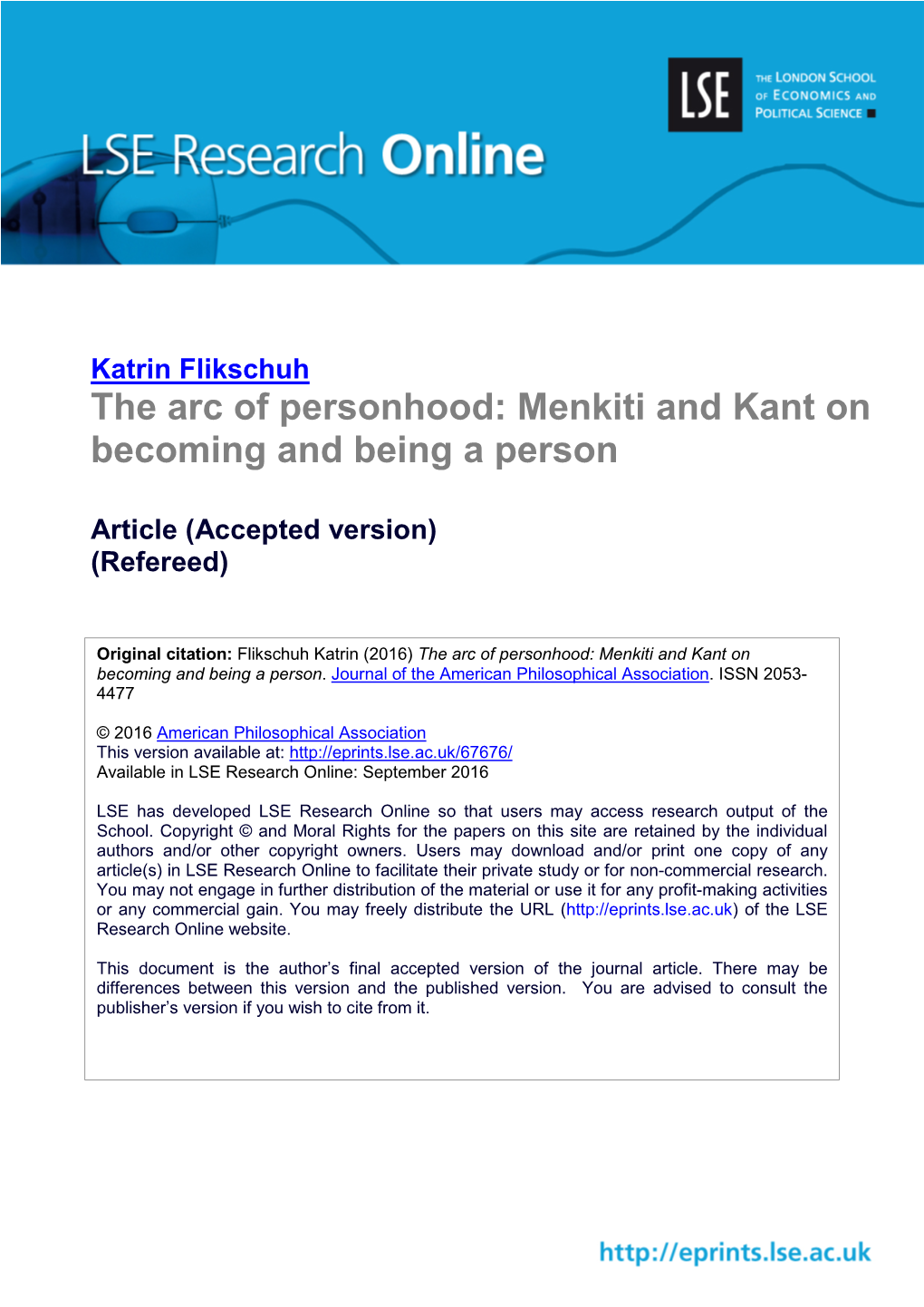 The Arc of Personhood: Menkiti and Kant on Becoming and Being a Person