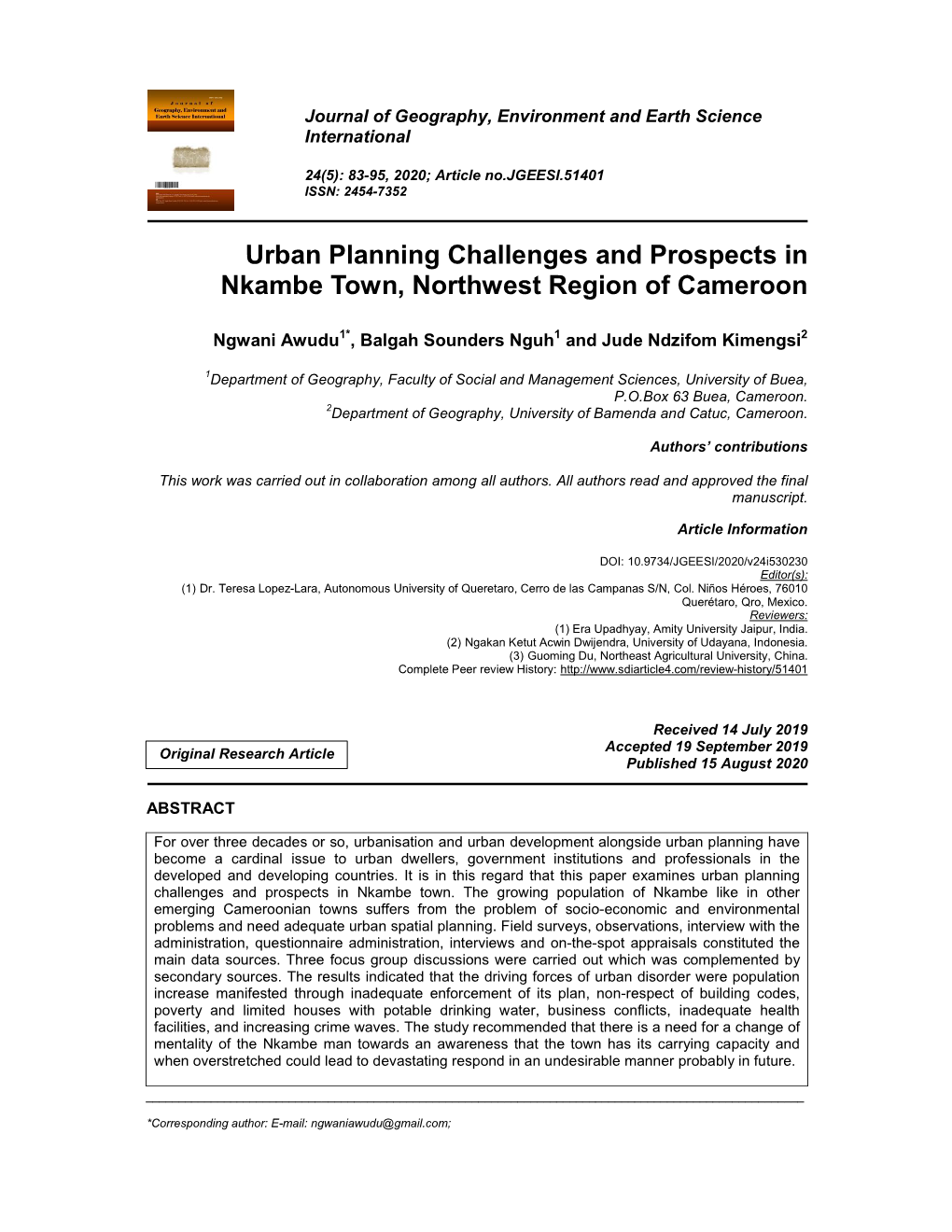Urban Planning Challenges and Prospects in Nkambe Town, Northwest Region of Cameroon