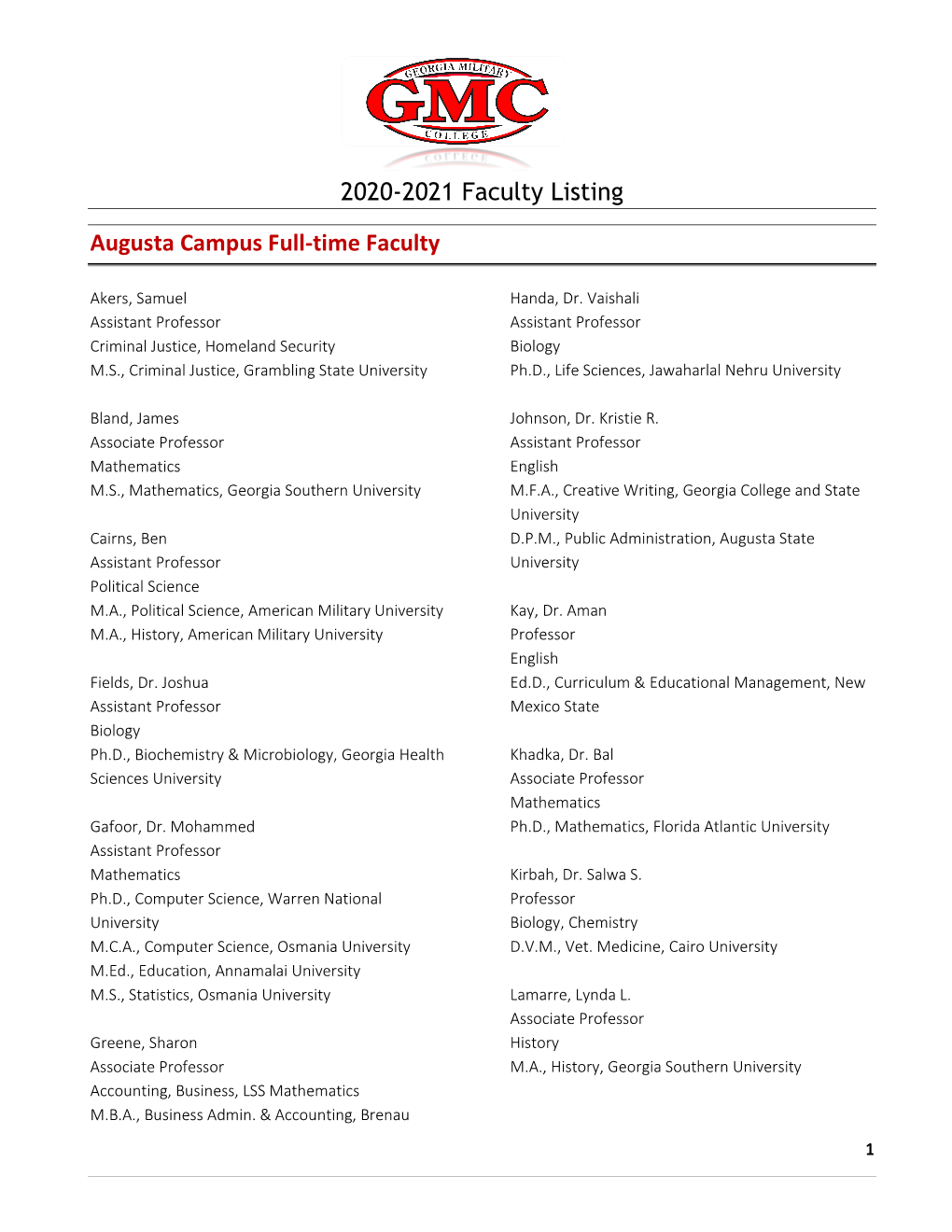 Augusta Full-Time Faculty