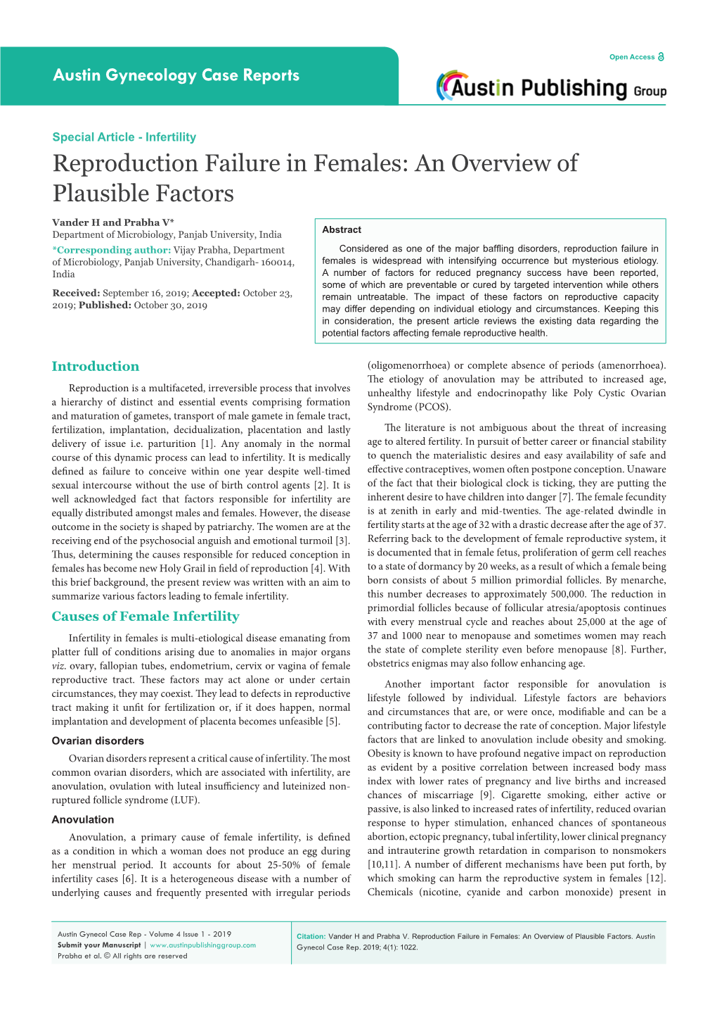 Reproduction Failure in Females: an Overview of Plausible Factors