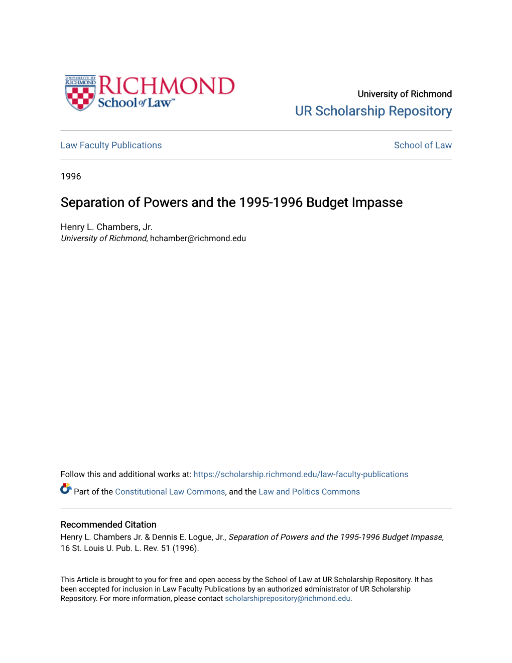 Separation of Powers and the 1995-1996 Budget Impasse