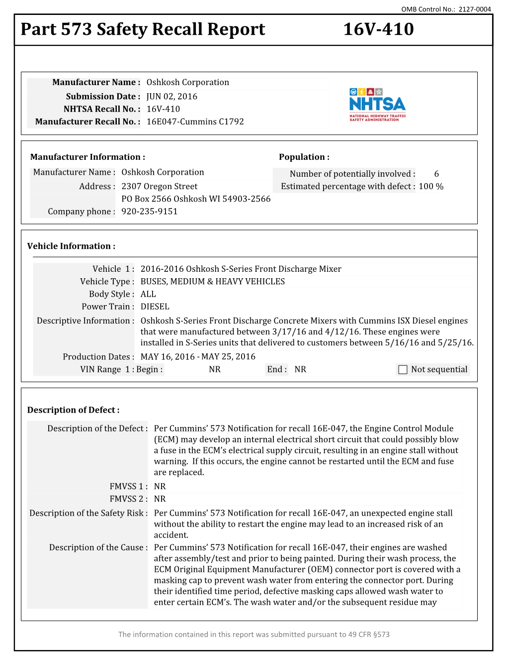 Part 573 Safety Recall Report 16V-410