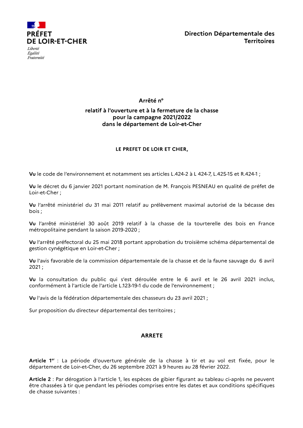 Projet Arrêté Ouverture Fermeture 2021-2022