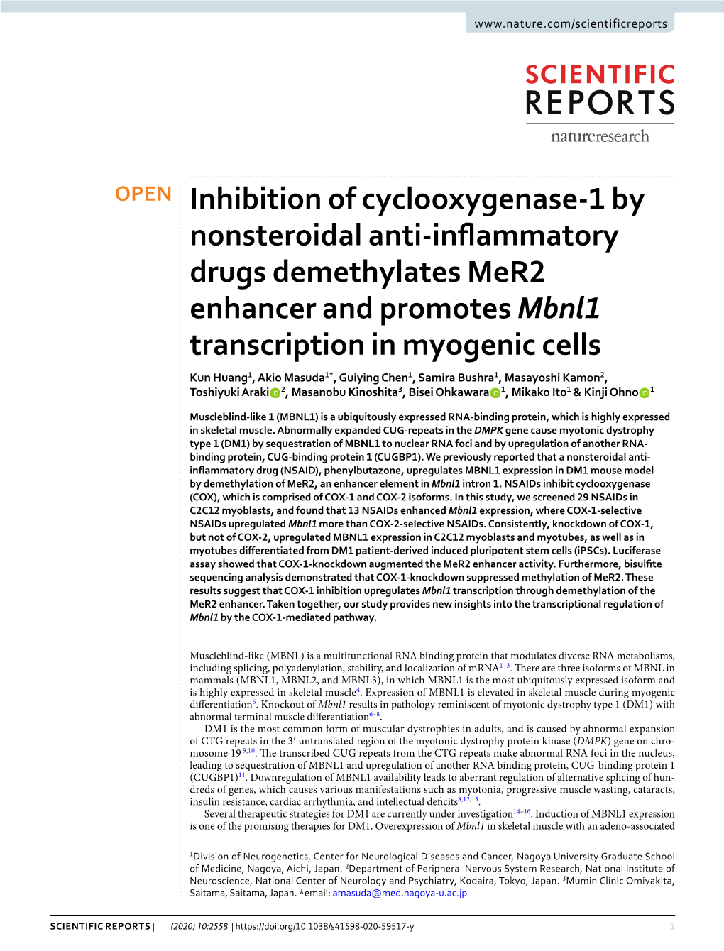 Inhibition of Cyclooxygenase-1 by Nonsteroidal Anti-Inflammatory Drugs Demethylates Mer2 Enhancer and Promotes Mbnl1 Transcription in Myogenic Cells