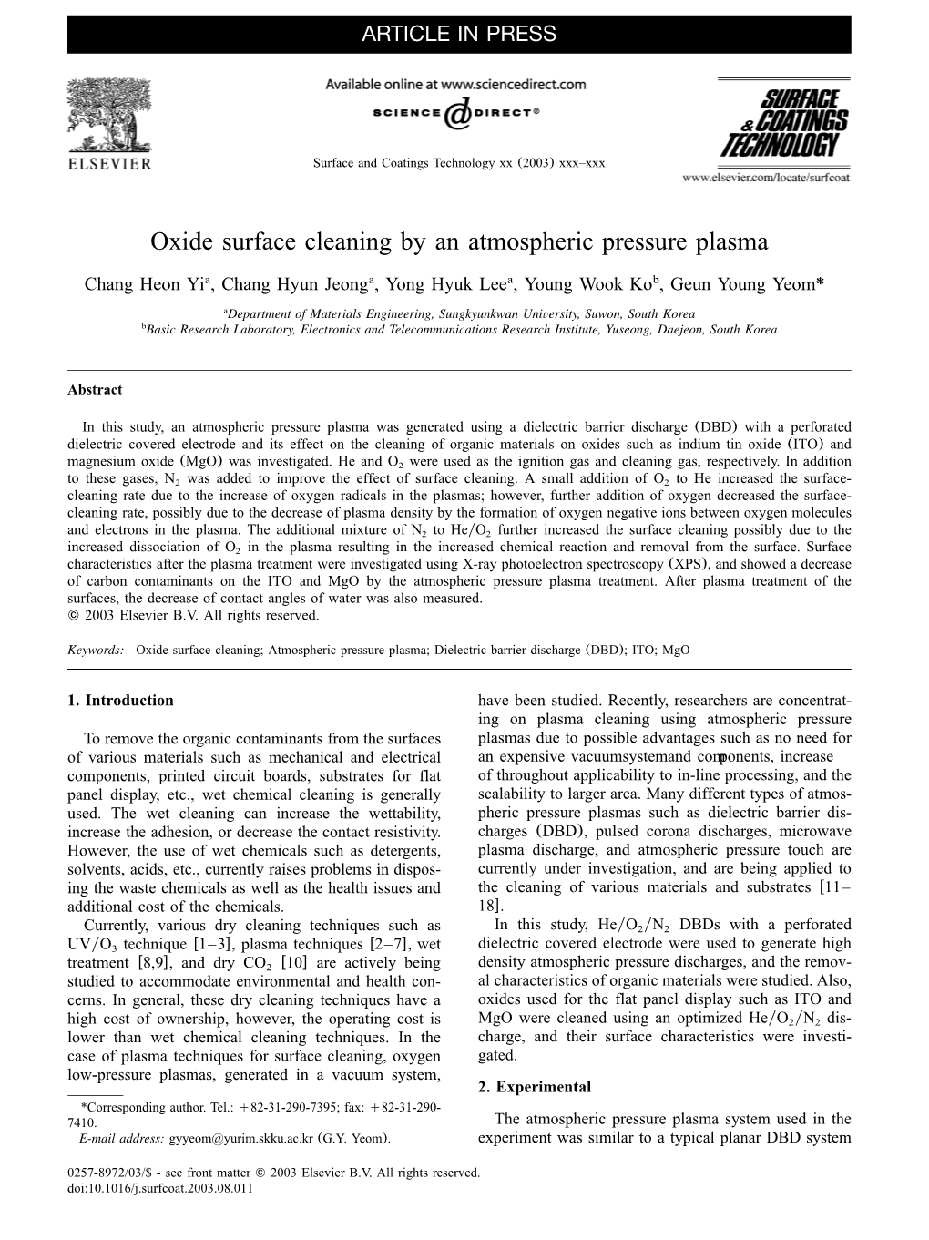 Oxide Surface Cleaning by an Atmospheric Pressure Plasma