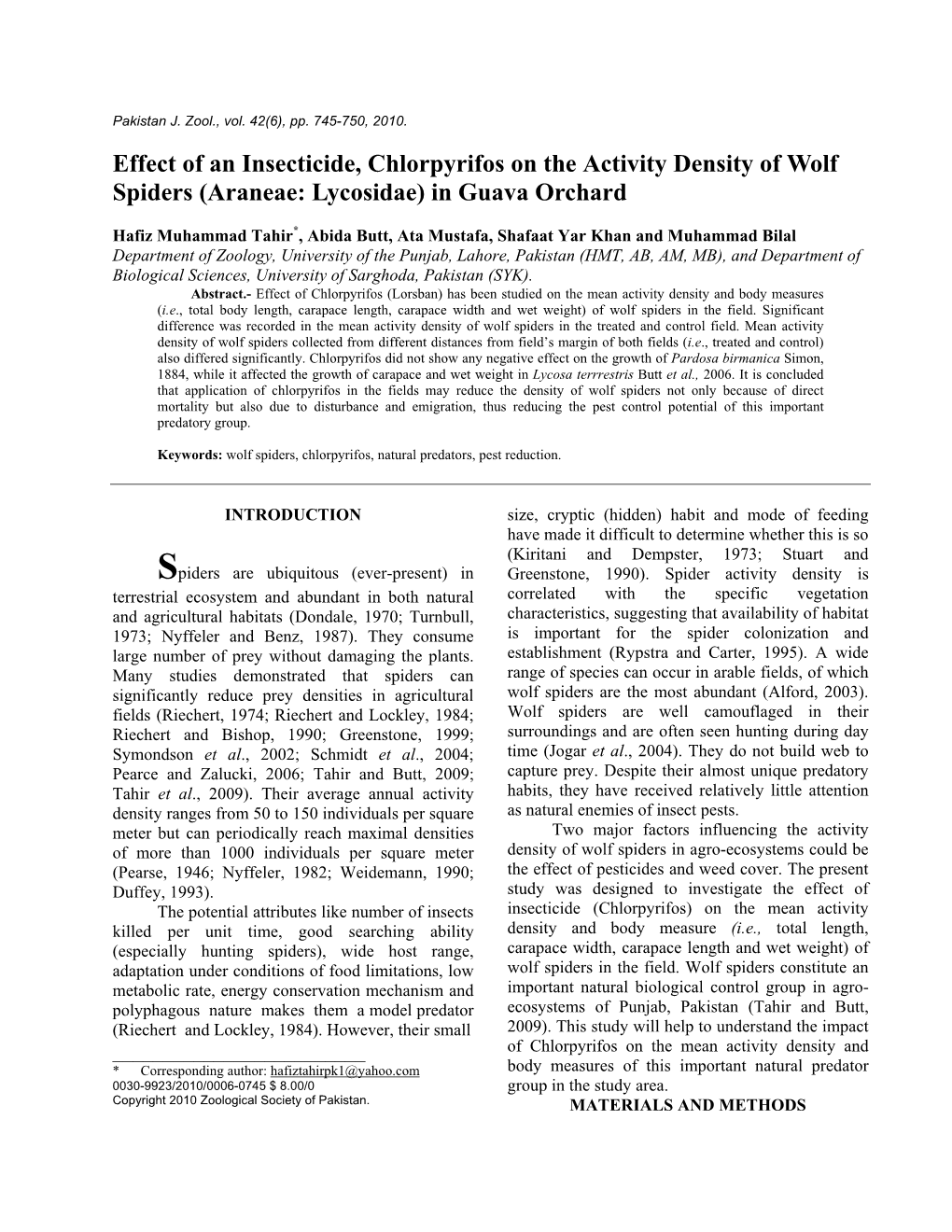 Effect of Chloropyrifos on the Abundance of Wolf Spiders