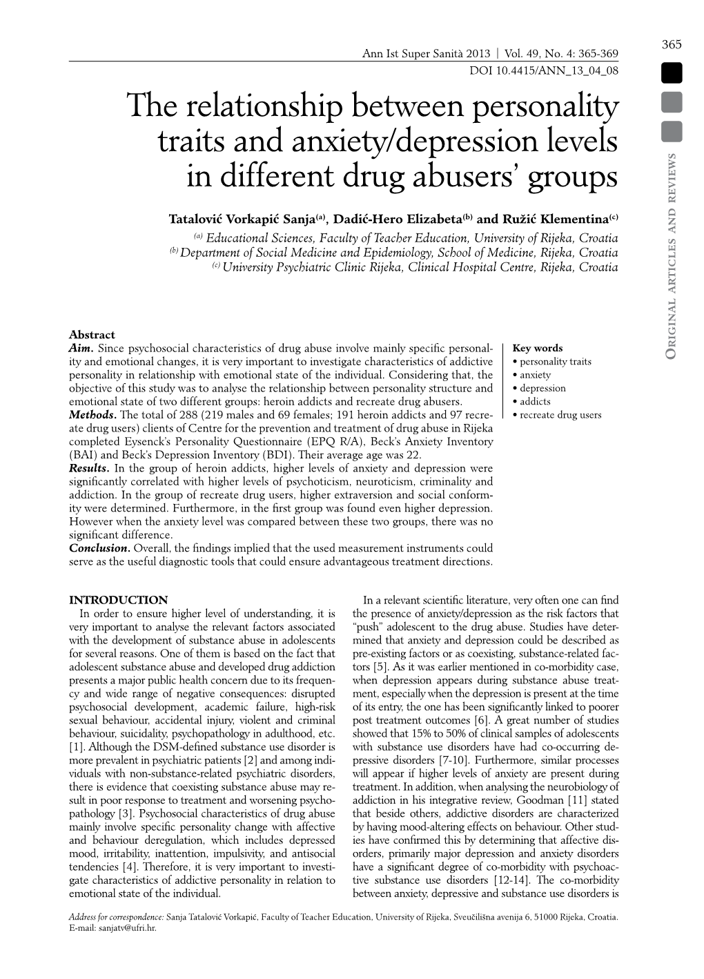 The Relationship Between Personality Traits and Anxiety/Depression Levels in Different Drug Abusers’ Groups Reviews