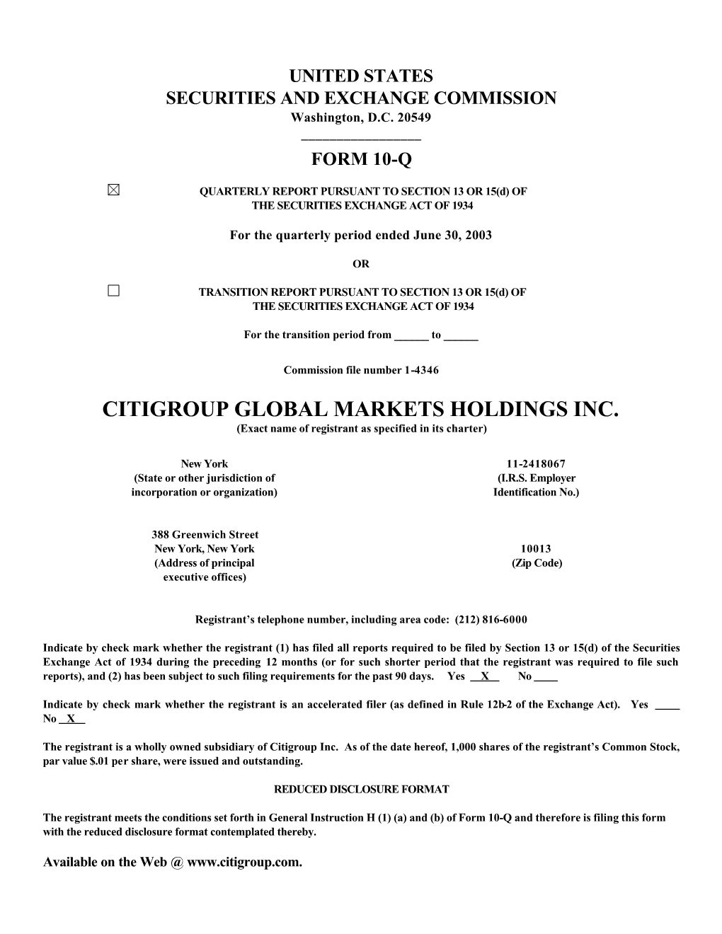 CITIGROUP GLOBAL MARKETS HOLDINGS INC. (Exact Name of Registrant As Specified in Its Charter)