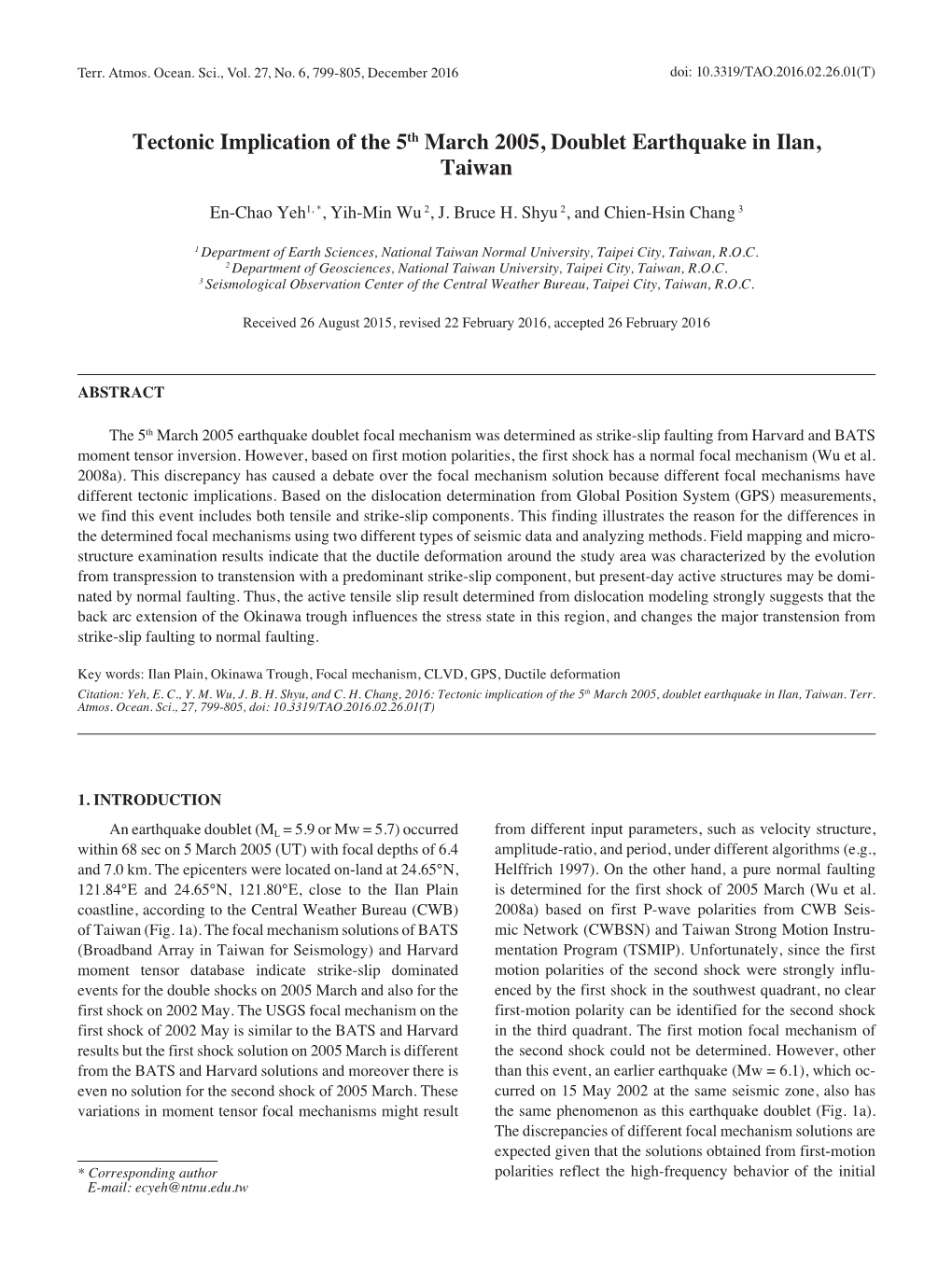 Tectonic Implication of the 5Th March 2005, Doublet Earthquake in Ilan, Taiwan