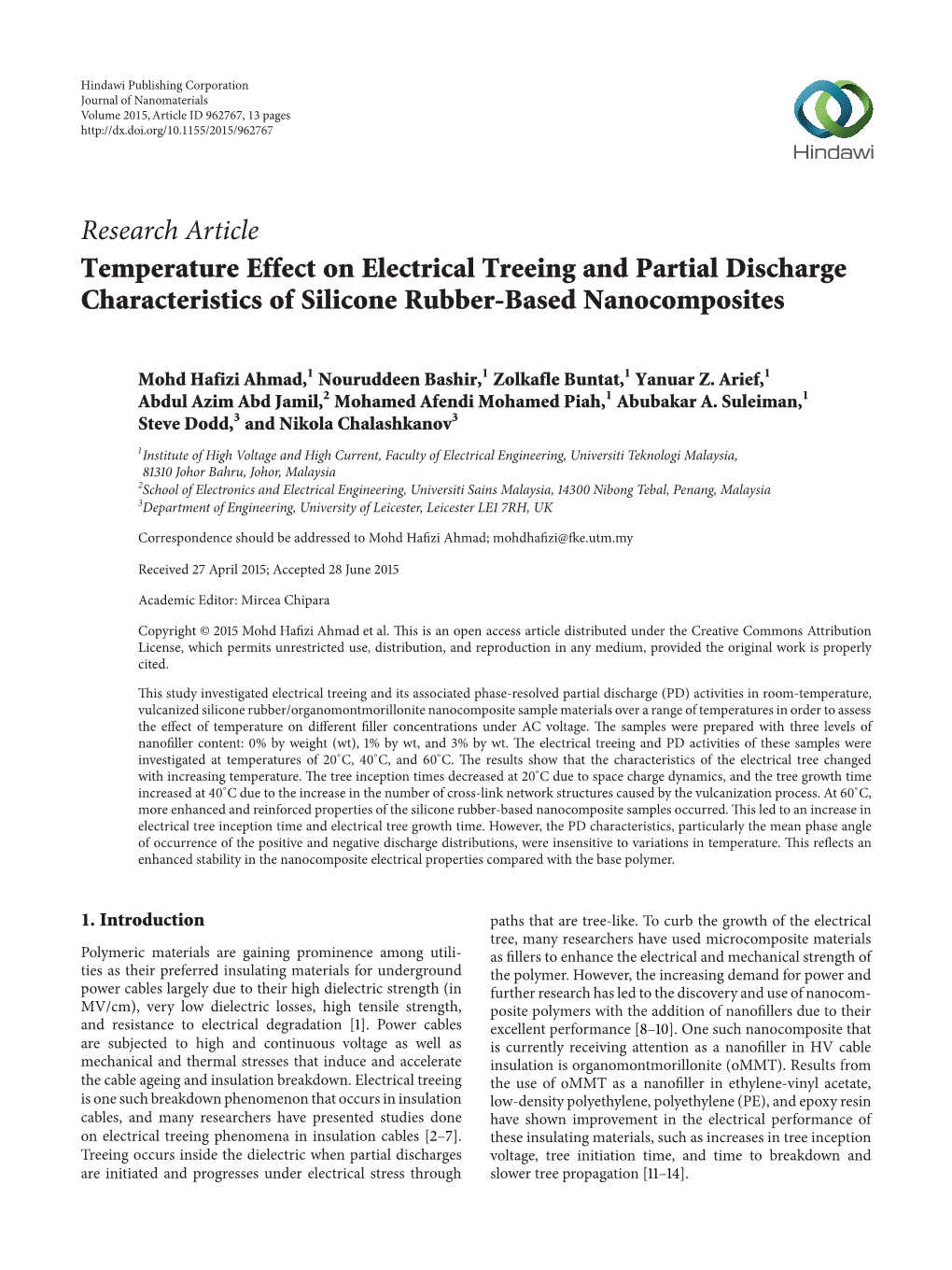 Research Article Temperature Effect on Electrical Treeing and Partial Discharge Characteristics of Silicone Rubber-Based Nanocomposites