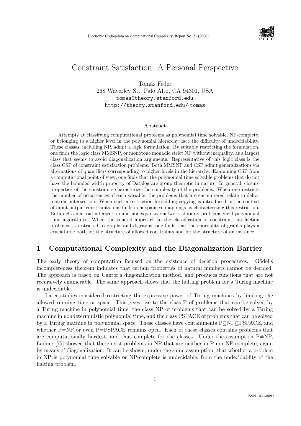 Constraint Satisfaction: a Personal Perspective