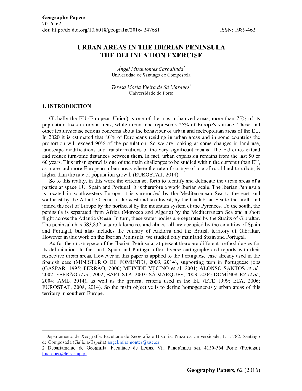 Urban Areas in the Iberian Peninsula the Delineation Exercise