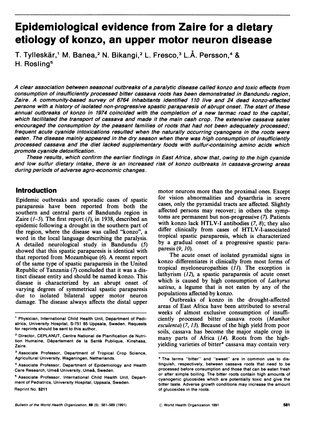 Epidemiological Evidence from Zaire for a Dietary Etiology of Konzo, an Upper Motor Neuron Disease T