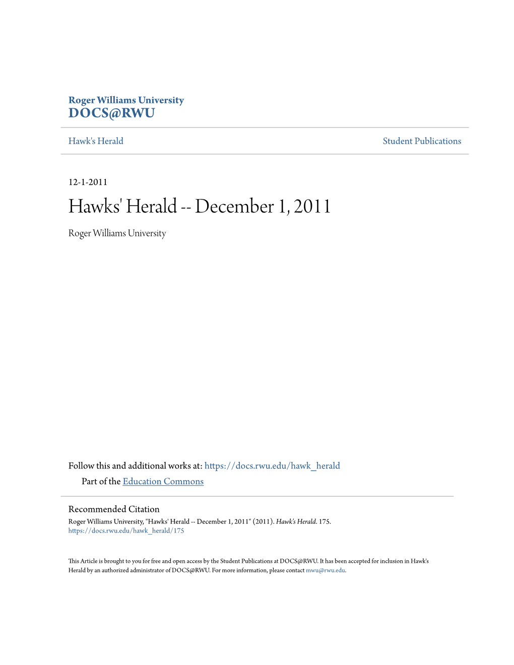 Hawks' Herald -- December 1, 2011 Roger Williams University
