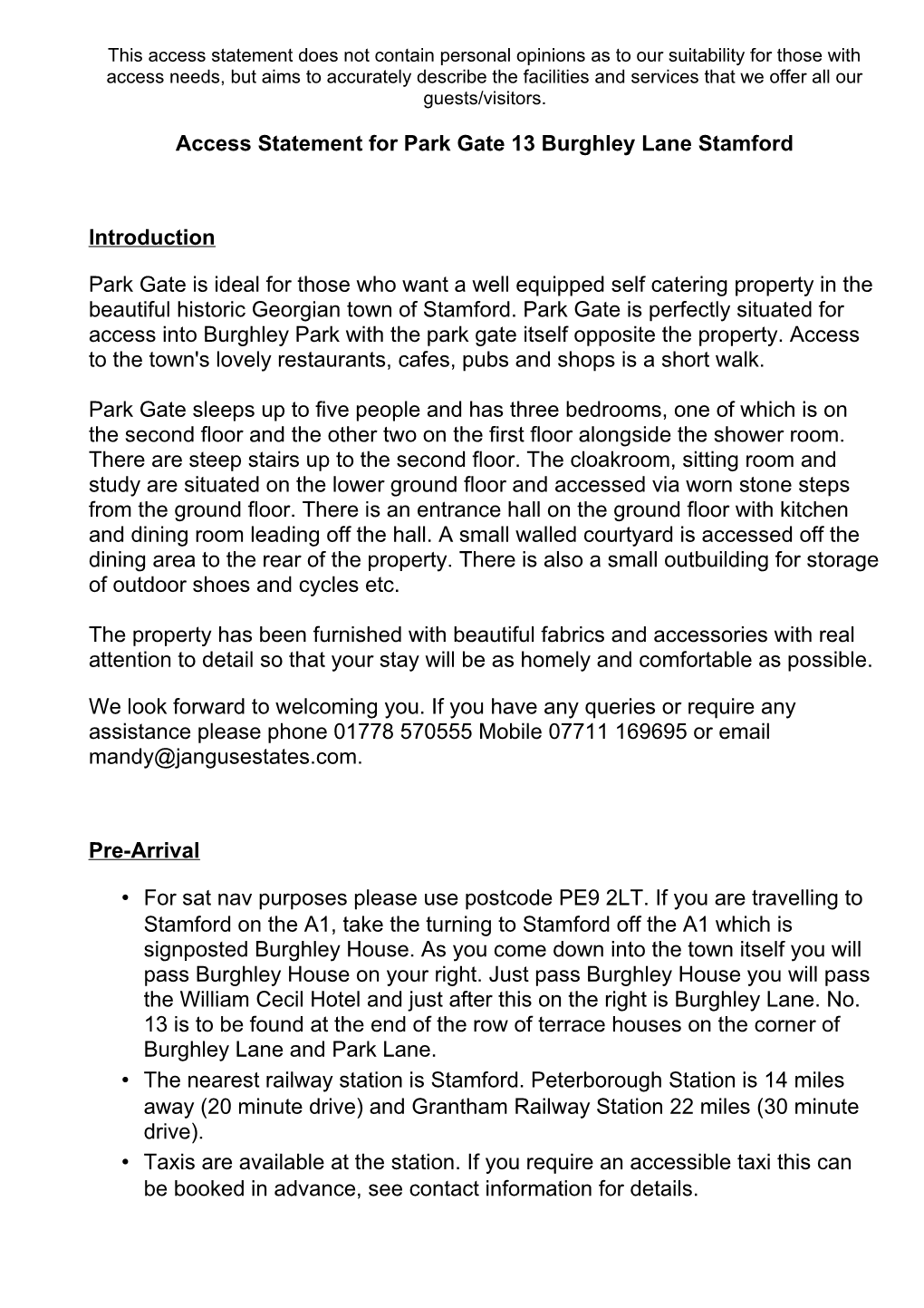 Access Statement for Park Gate 13 Burghley Lane Stamford