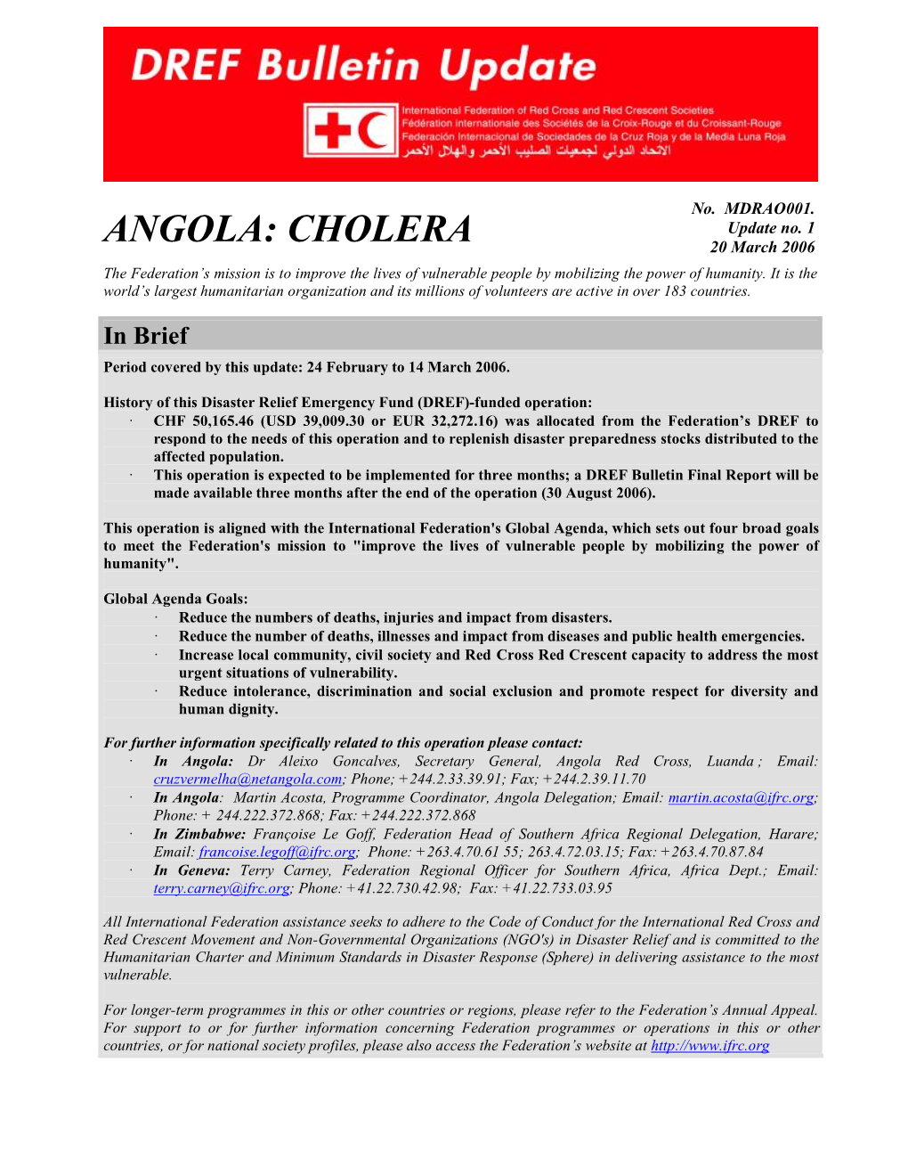 Angola: Cholera; DREF Bulletin No. MDRAO001; Update No