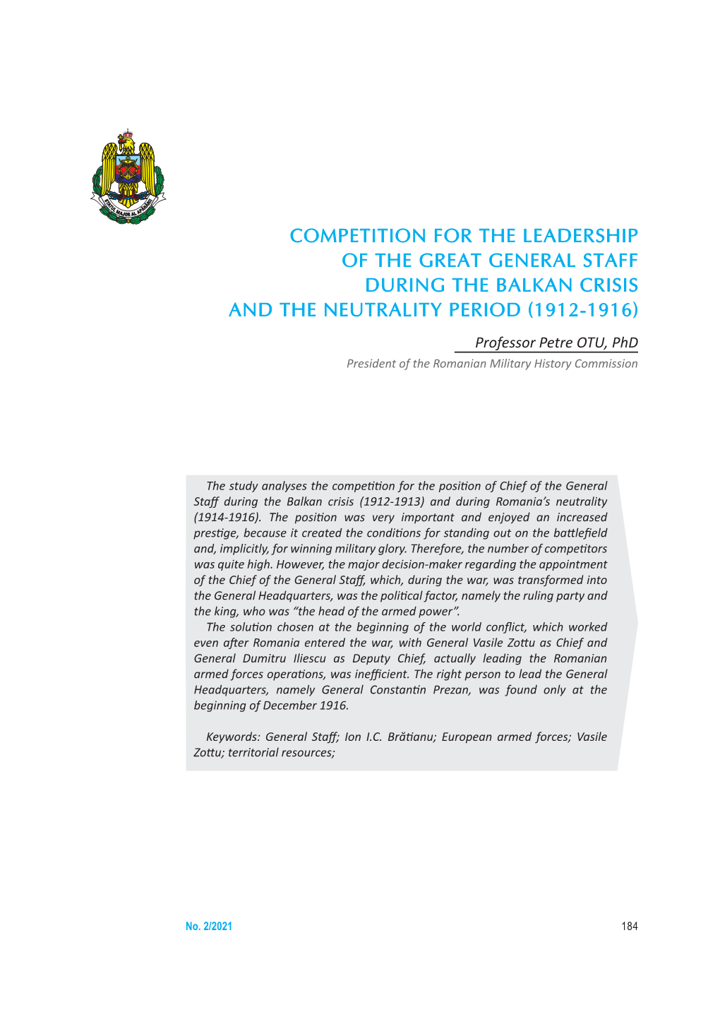 Competition for the Leadership of the Great General Staff During the Balkan Crisis and the Neutrality Period