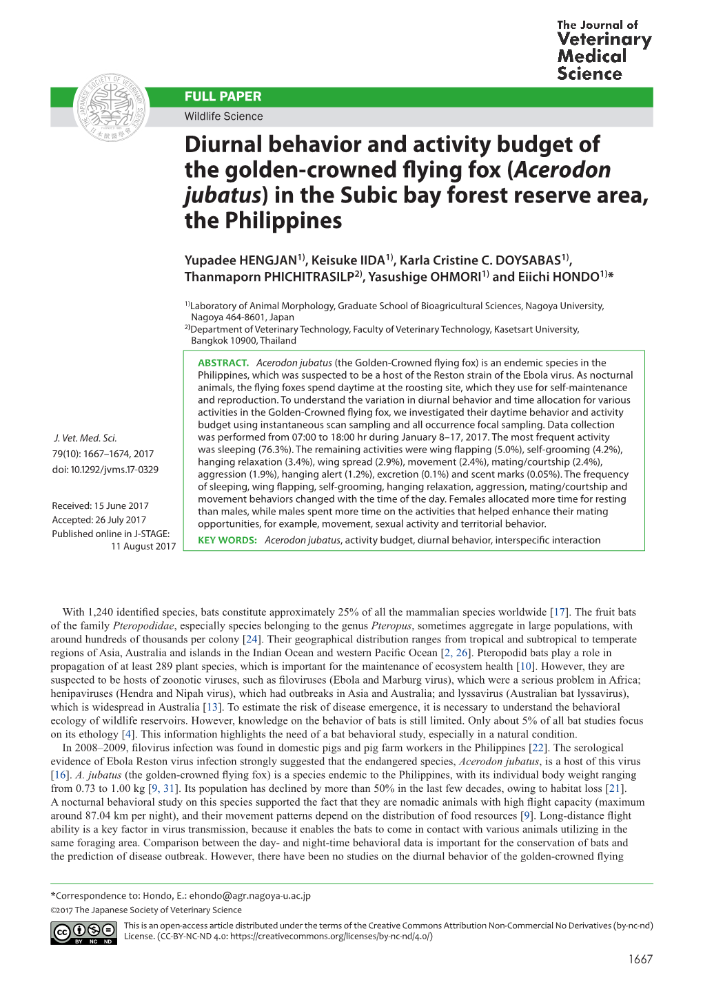 Diurnal Behavior and Activity Budget of the Golden-Crowned Flying Fox (Acerodon Jubatus) in the Subic Bay Forest Reserve Area, the Philippines