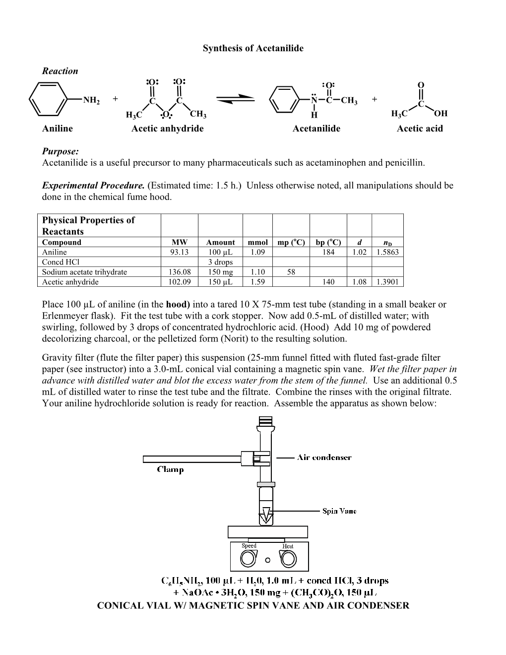 Synthesis of Acetanilide Reaction Aniline Acetic Anhydride