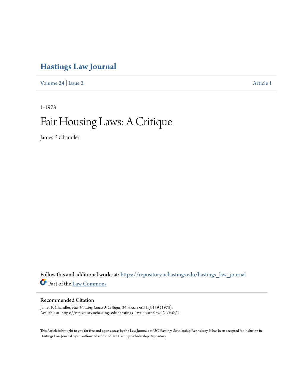 Fair Housing Laws: a Critique James P