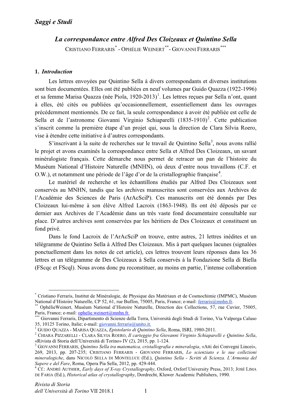 La Correspondance Entre Alfred Des Cloizeaux Et Quintino Sella * ** *** CRISTIANO FERRARIS - OPHÉLIE WEINERT - GIOVANNI FERRARIS