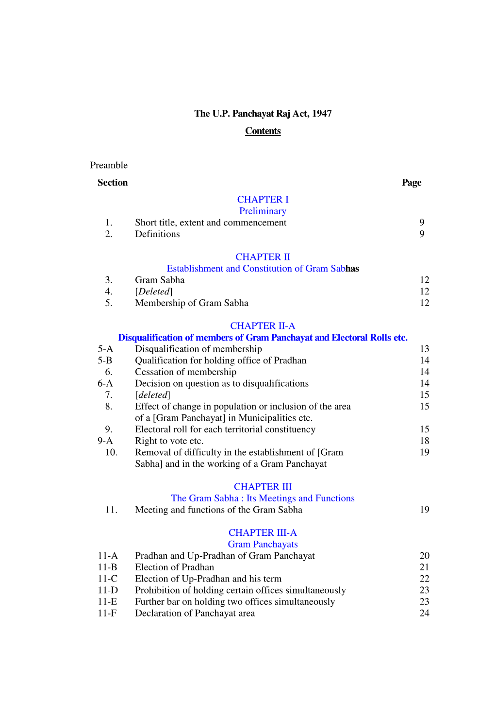 The U.P. Panchayat Raj Act, 1947 Contents Preamble Section Page