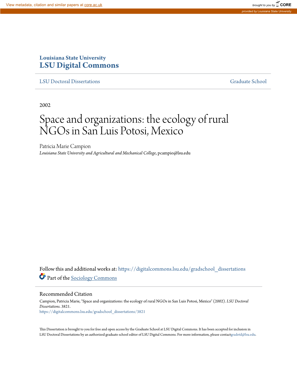 The Ecology of Rural Ngos in San Luis Potosi, Mexico Patricia Marie Campion Louisiana State University and Agricultural and Mechanical College, Pcampio@Lsu.Edu