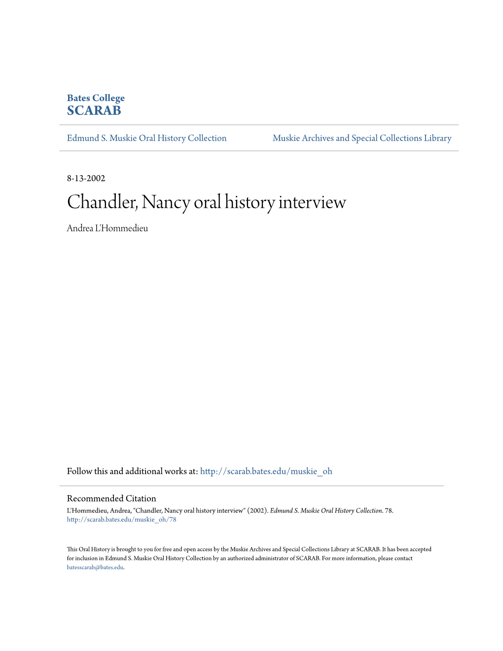 Chandler, Nancy Oral History Interview Andrea L'hommedieu