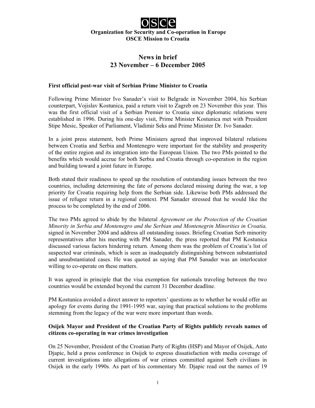 News in Brief 23 November – 6 December 2005