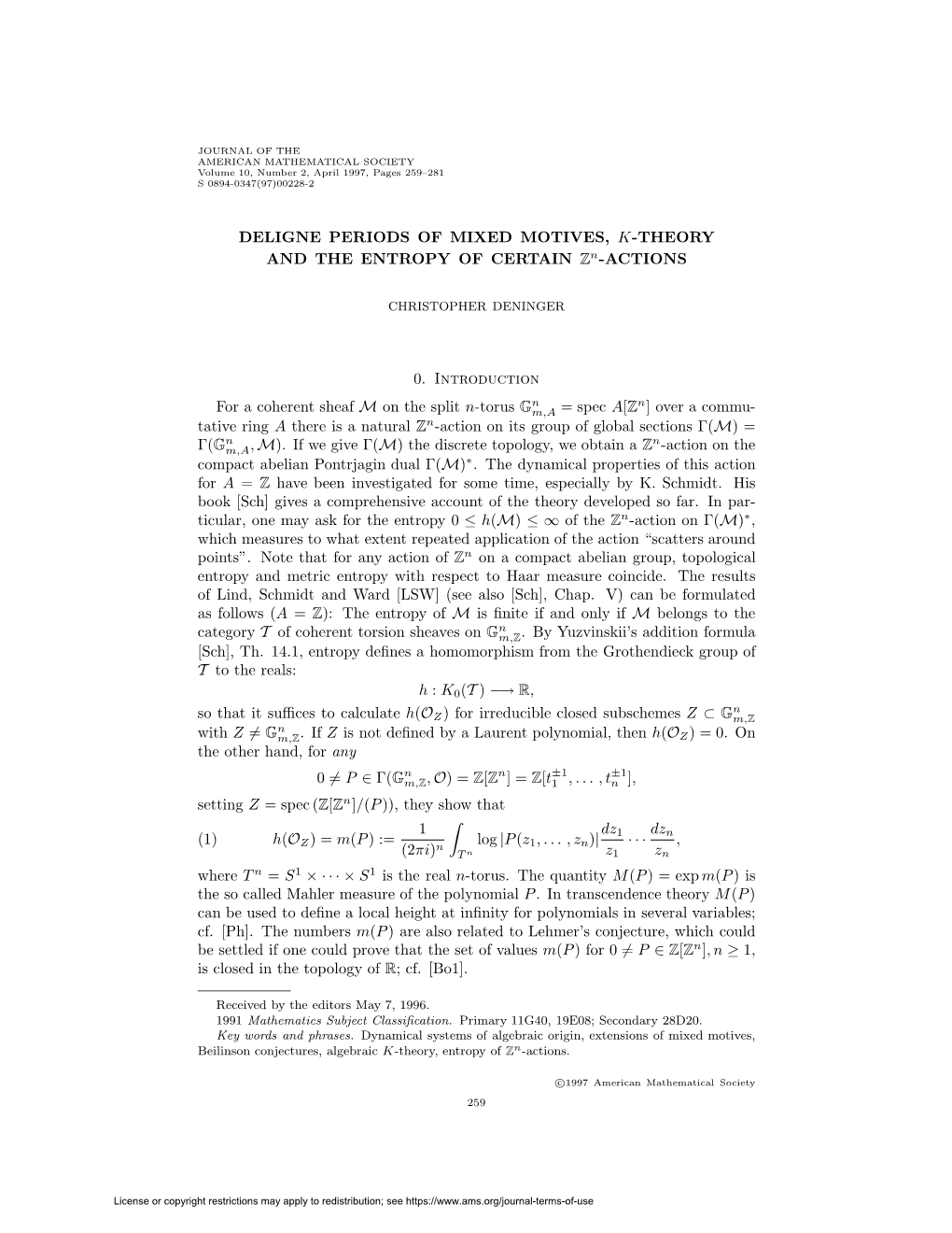 DELIGNE PERIODS of MIXED MOTIVES, K-THEORY and the ENTROPY of CERTAIN Zn-ACTIONS