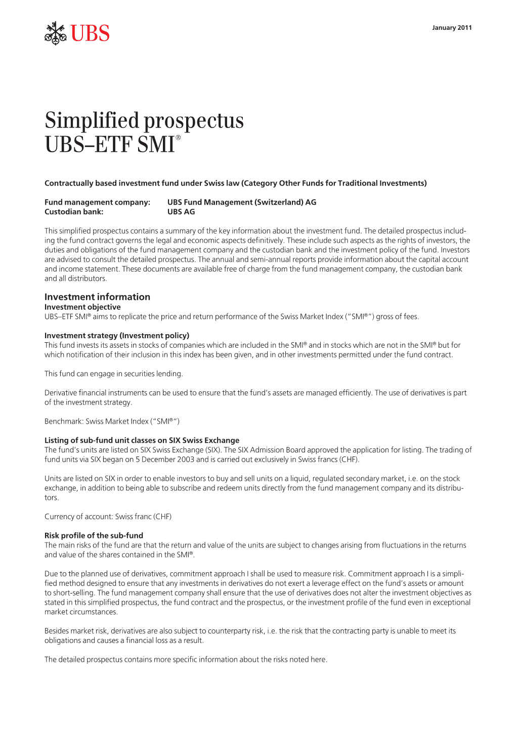 Simplified Prospectus UBS–ETF SMI®