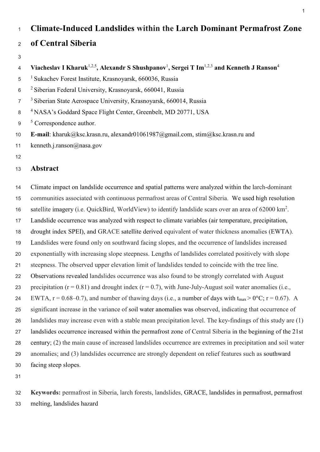 Climate-Induced Landslides Within the Larch Dominant Permafrost Zone