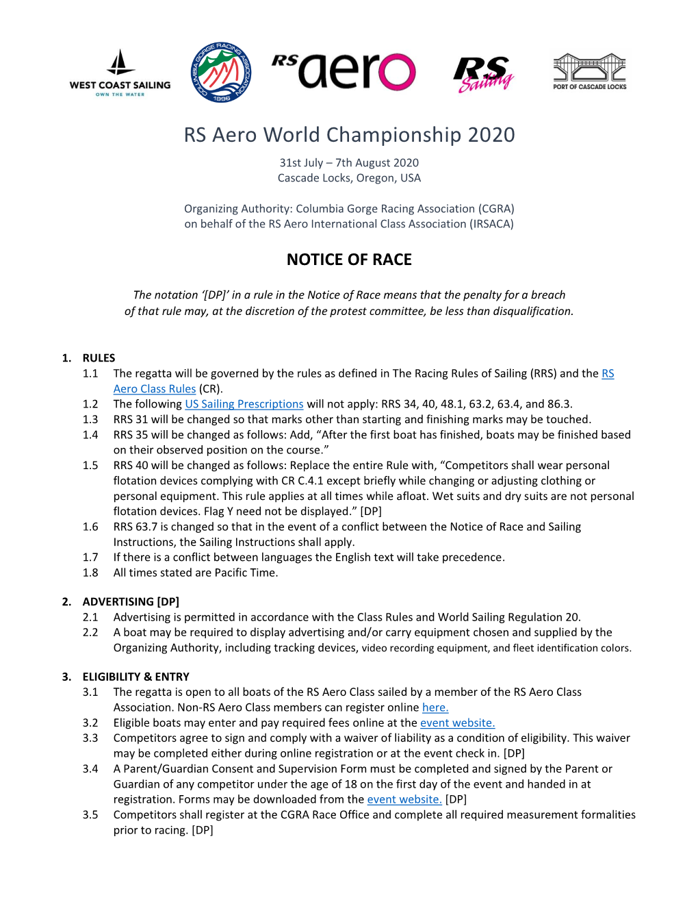 RS Aero World Championship 2020 31St July – 7Th August 2020 Cascade Locks, Oregon, USA