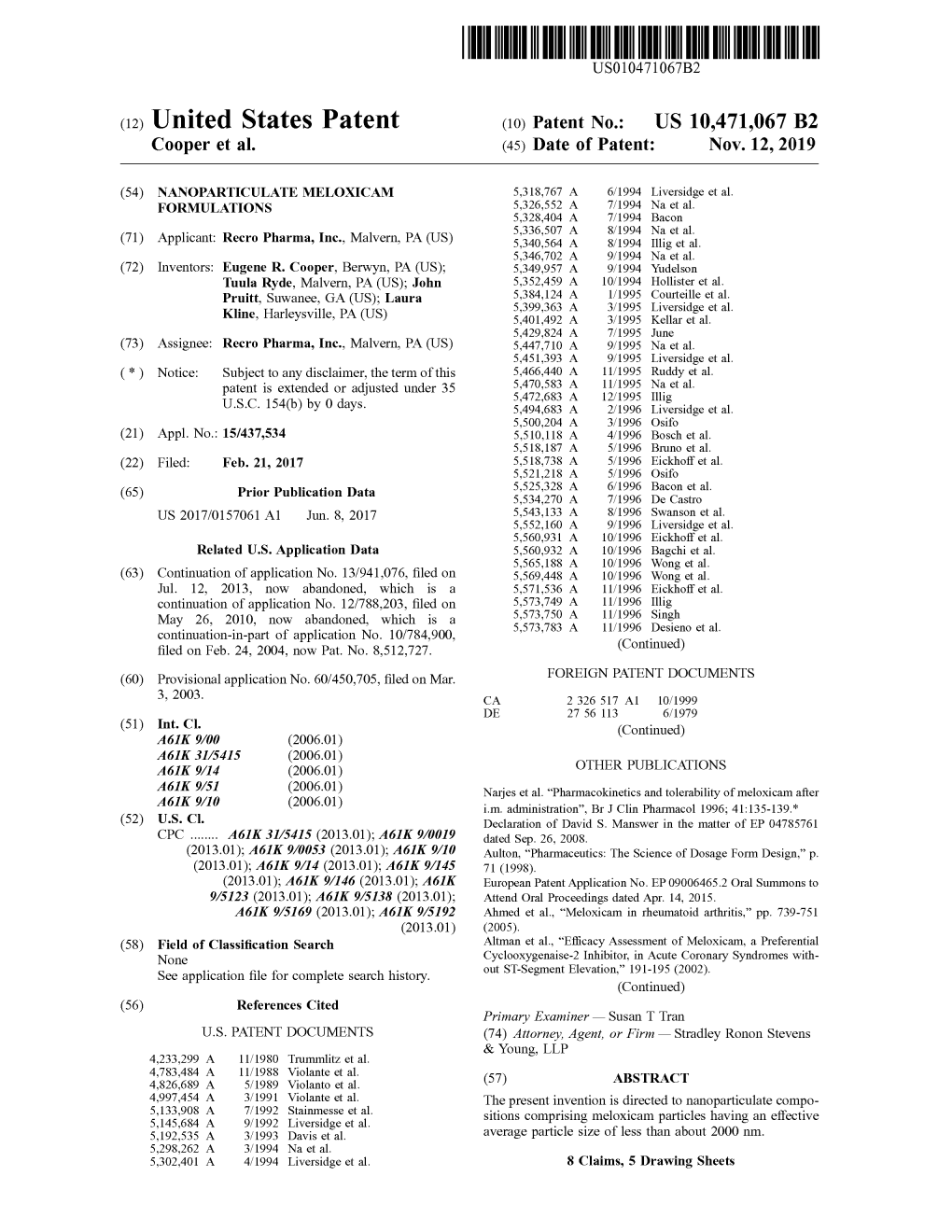 ( 12 ) United States Patent ( 10 ) Patent No.: US 10,471,067 B2 Cooper Et Al