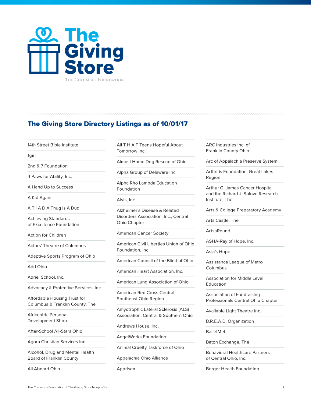 The Giving Store Directory Listings As of 10/01/17