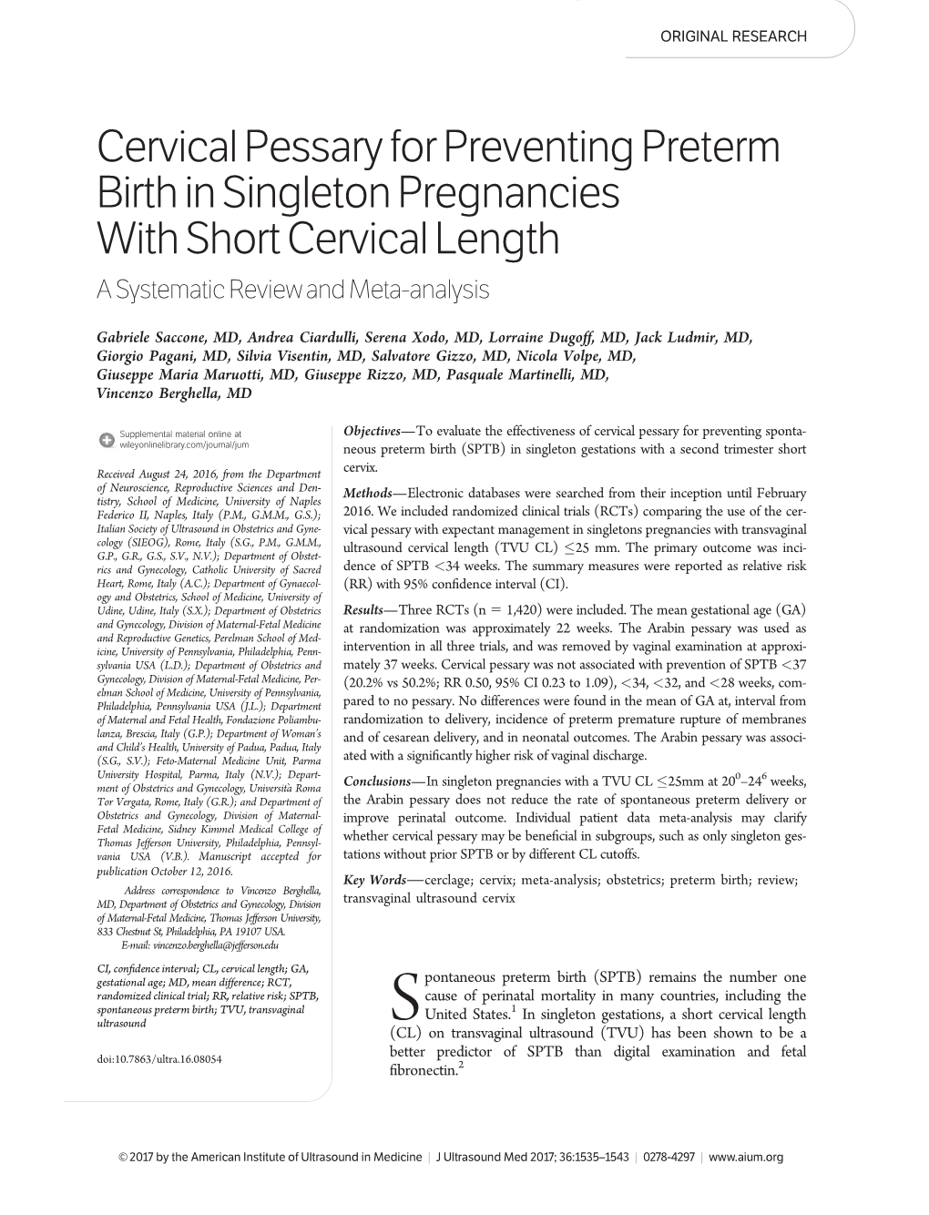 Cervical Pessary for Preventing Preterm Birth in Singleton Pregnancies with Short Cervical Length a Systematic Reviewand Meta-Analysis