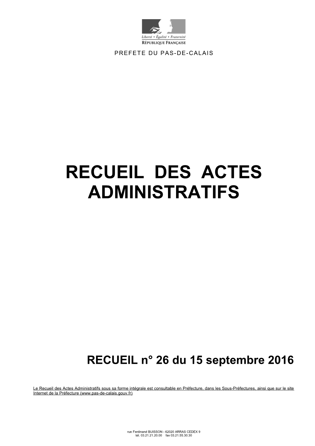 Recueil Des Actes Administratifs N° 26 Du 15 Septembre 2016