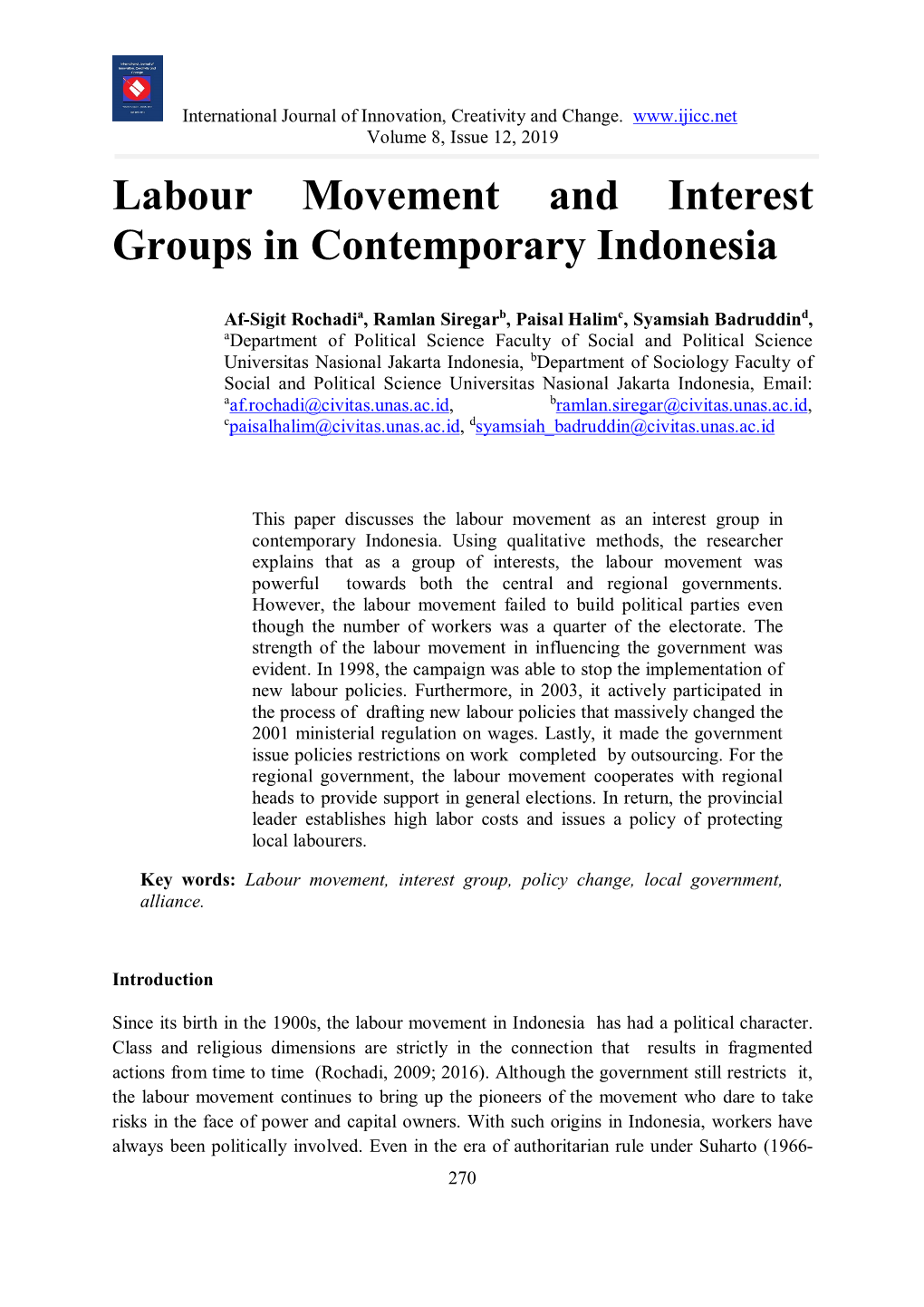 Labour Movement and Interest Groups in Contemporary Indonesia