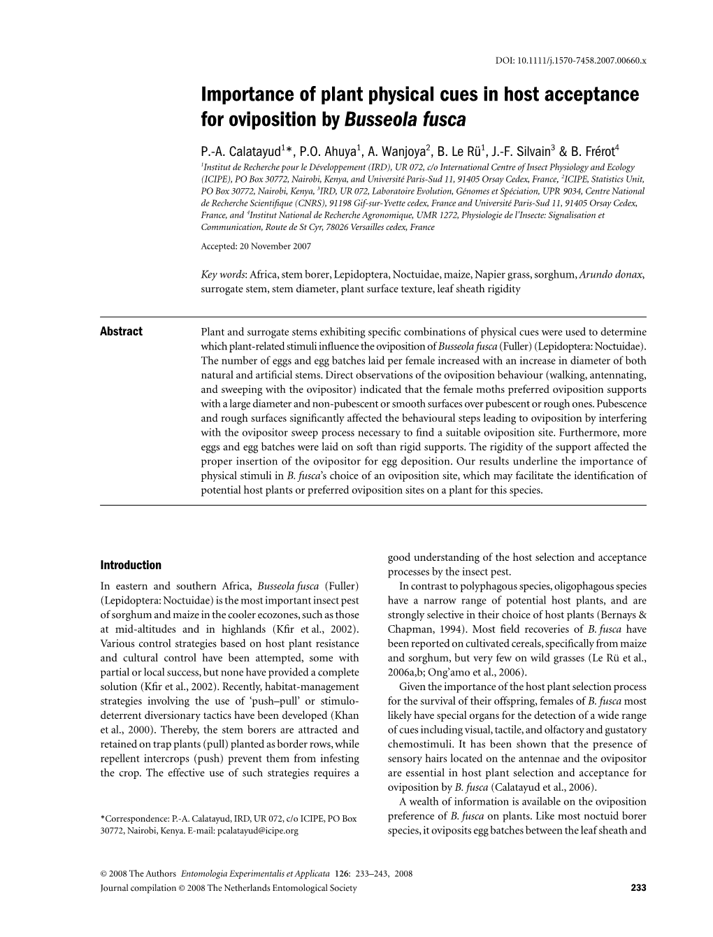 Importance of Plant Physical Cues in Host Acceptance for Oviposition by Busseola Fusca P.-A