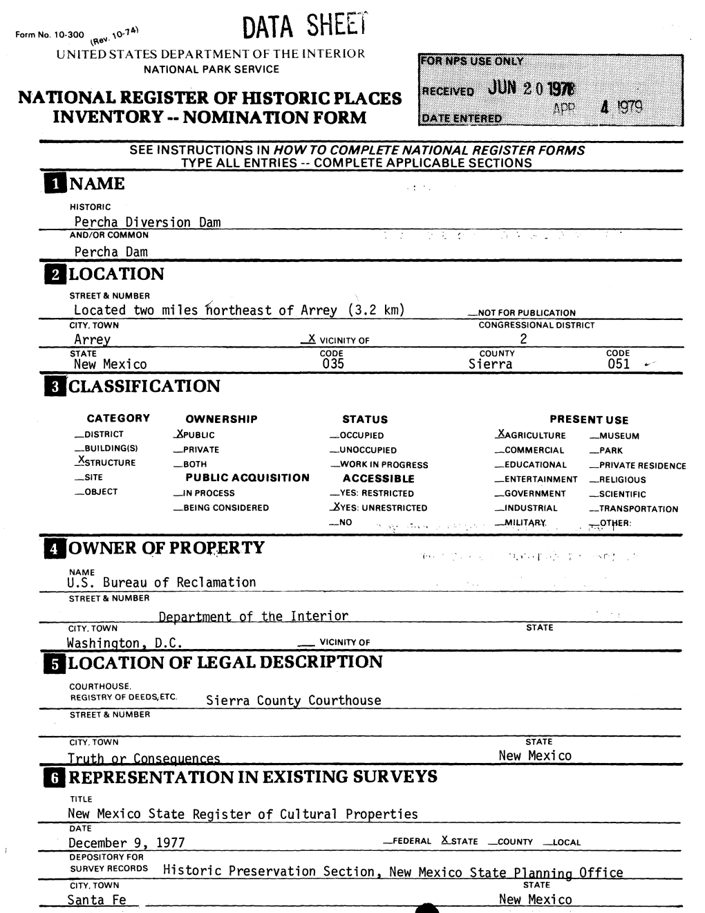 Data Sheet United States Department of the Interior National Park Service National Register of Historic Places Inventory -- Nomination Form