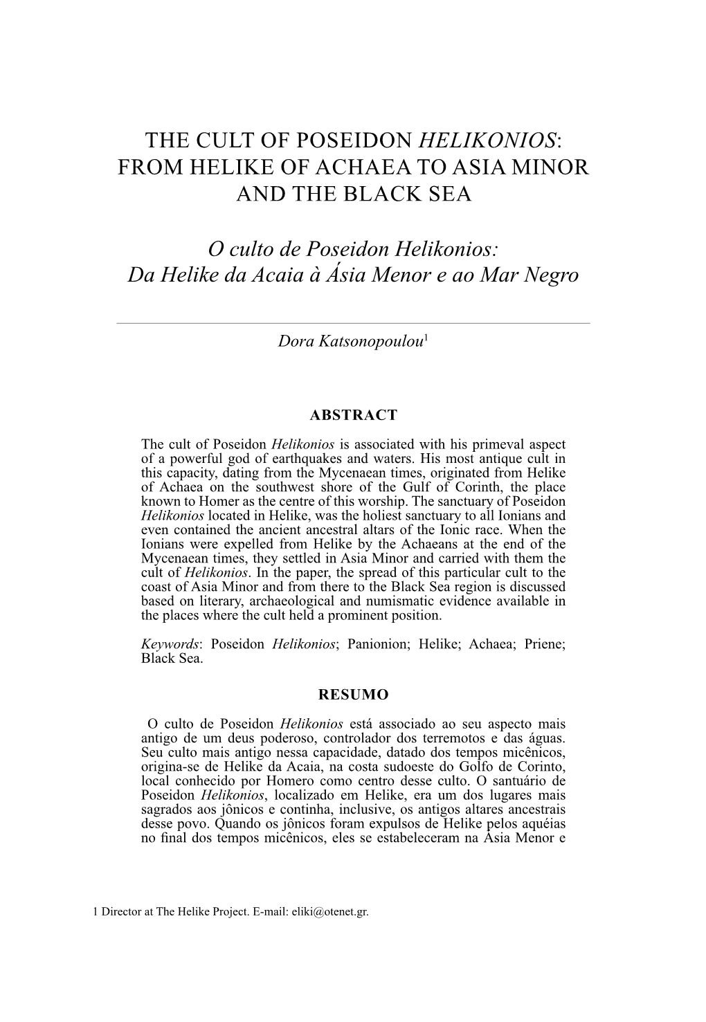 The Cult of Poseidon Helikonios: from Helike of Achaea to Asia Minor and the Black Sea