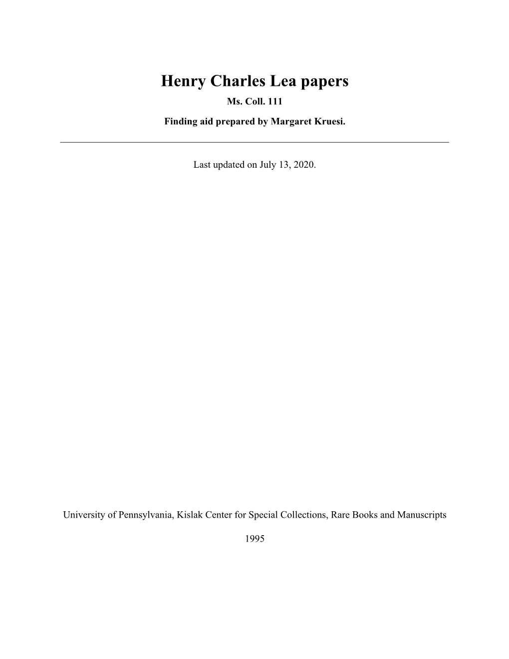 Henry Charles Lea Papers Ms