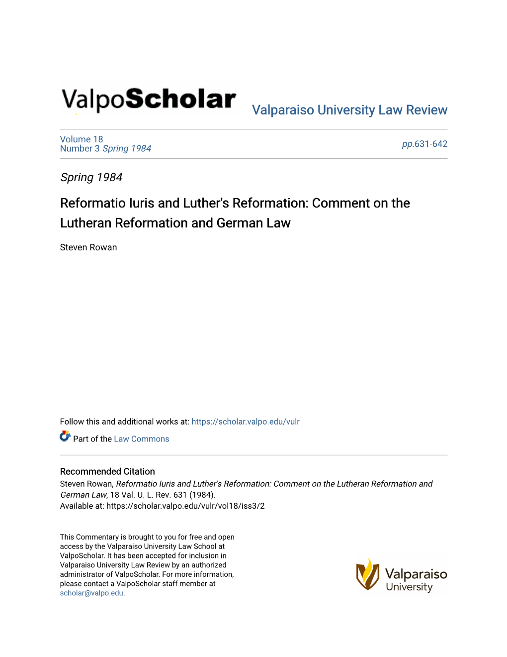 Reformatio Iuris and Luther's Reformation: Comment on the Lutheran Reformation and German Law